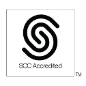 Black and white logo with an interlocking "S" design above the text "SCC Accredited" inside a square border.
