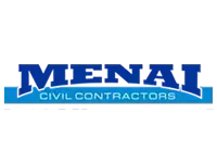 Logo for Menai Civil Contractors. The word "MENAI" appears in large blue capital letters above a blue bar with the words "CIVIL CONTRACTORS" in smaller white text.