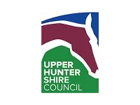 Upper Hunter Shire Council logo featuring a stylized horse head in maroon, with blue and green background shapes and white text.
